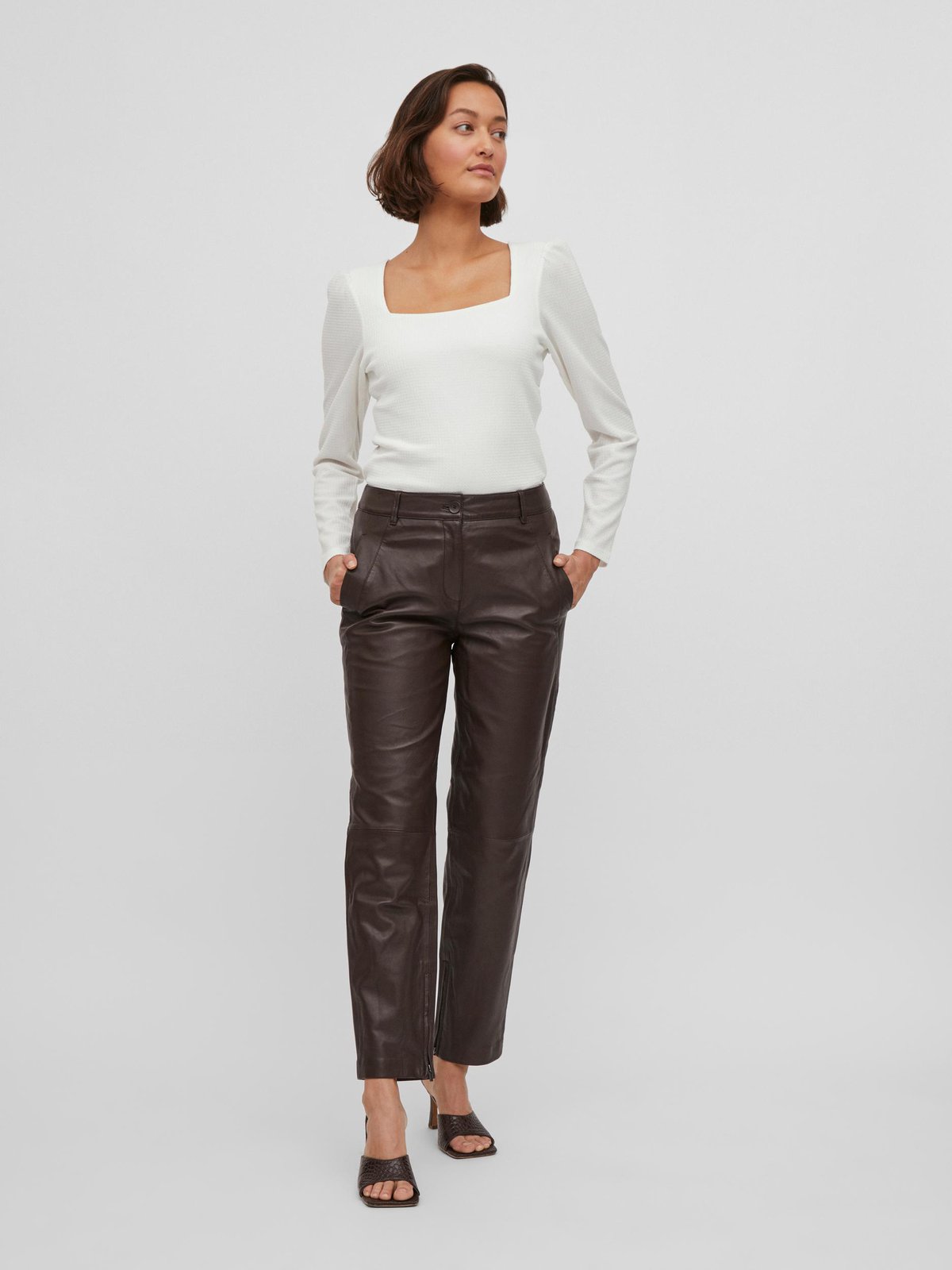 Women's leather trousers dark brown Vila