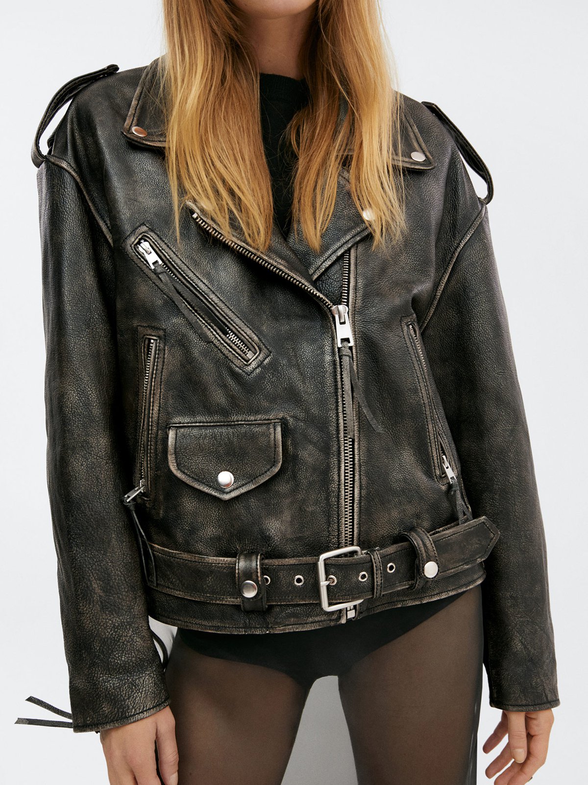 Women s leather jacket black MANGO Soulz.lt