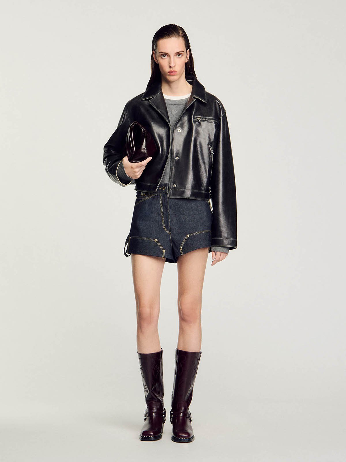 Women's leather jacket black Sandro | Soulz.lt