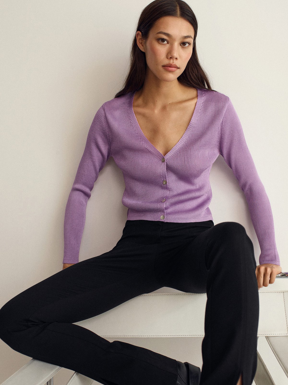 レディースウェア piping onepiece & cardigan set (purple) Cardigans Women V-Neck Knitted Two-piece Set Sweater Warm