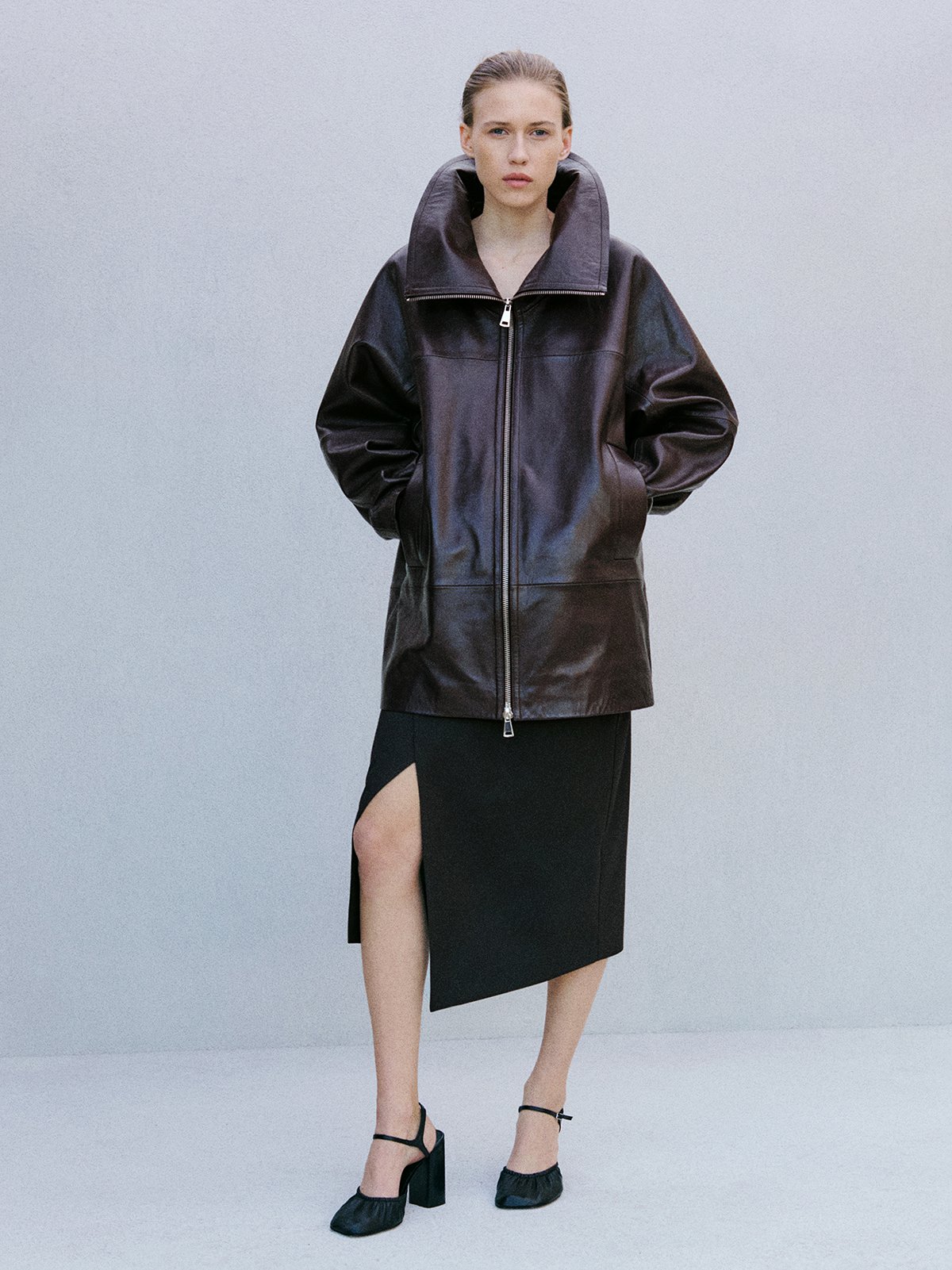 Women's leather jacket burgundy MANGO | Soulz.lt